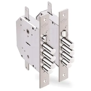 Замок Elbor (Эльбор) врезной сувальдный с задвижкой и защёлкой Гранит 1.06.42 (левый) с тягами, 5 кл. /24376/ никель