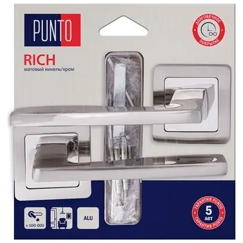 Дверная ручка Punto (Пунто) на квадратной розетке 'RICH' HD матовый никель + хром