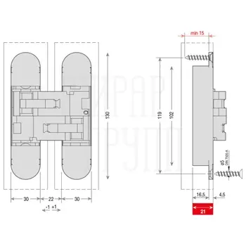 Дверная петля скрытой установки CEAM с 3D регулировкой 1230S 130x30 (50-70 кг) противопожарная матовая латунь