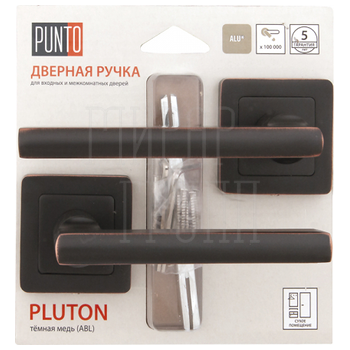 Дверная ручка Punto (Пунто) на квадратной розетке 'PLUTON' QR темная медь