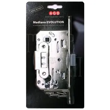 Защелка тихая AGB Mediana Evolution под цилиндр с отв. планкой и крепеж (BOX) полированный хром
